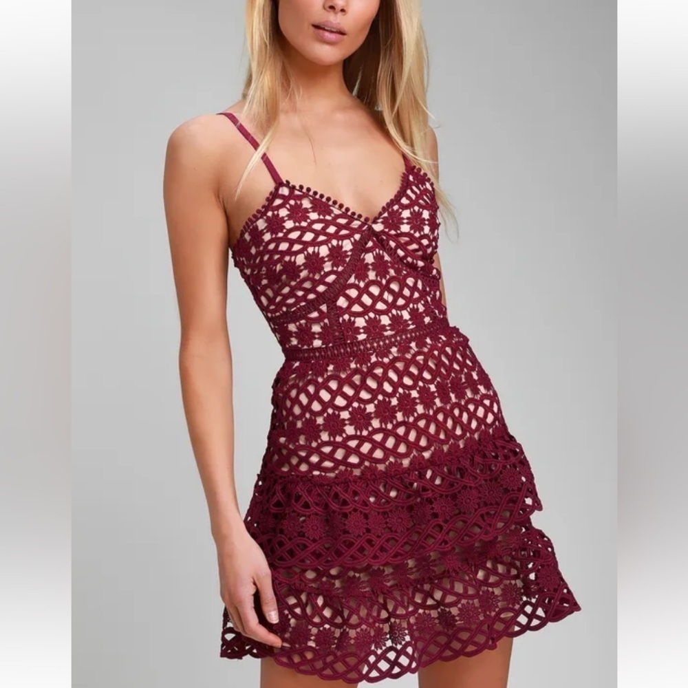 LULU’S Beauty And Lace Plum Purple Crochet Tiered Mini Dress